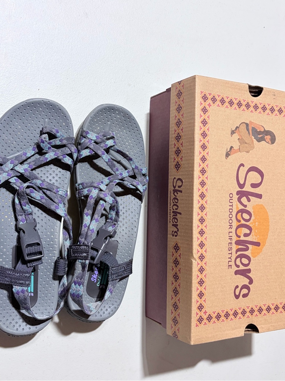 Skechers Women’s Gray Sandals with Purple & Teal Patterned Straps
